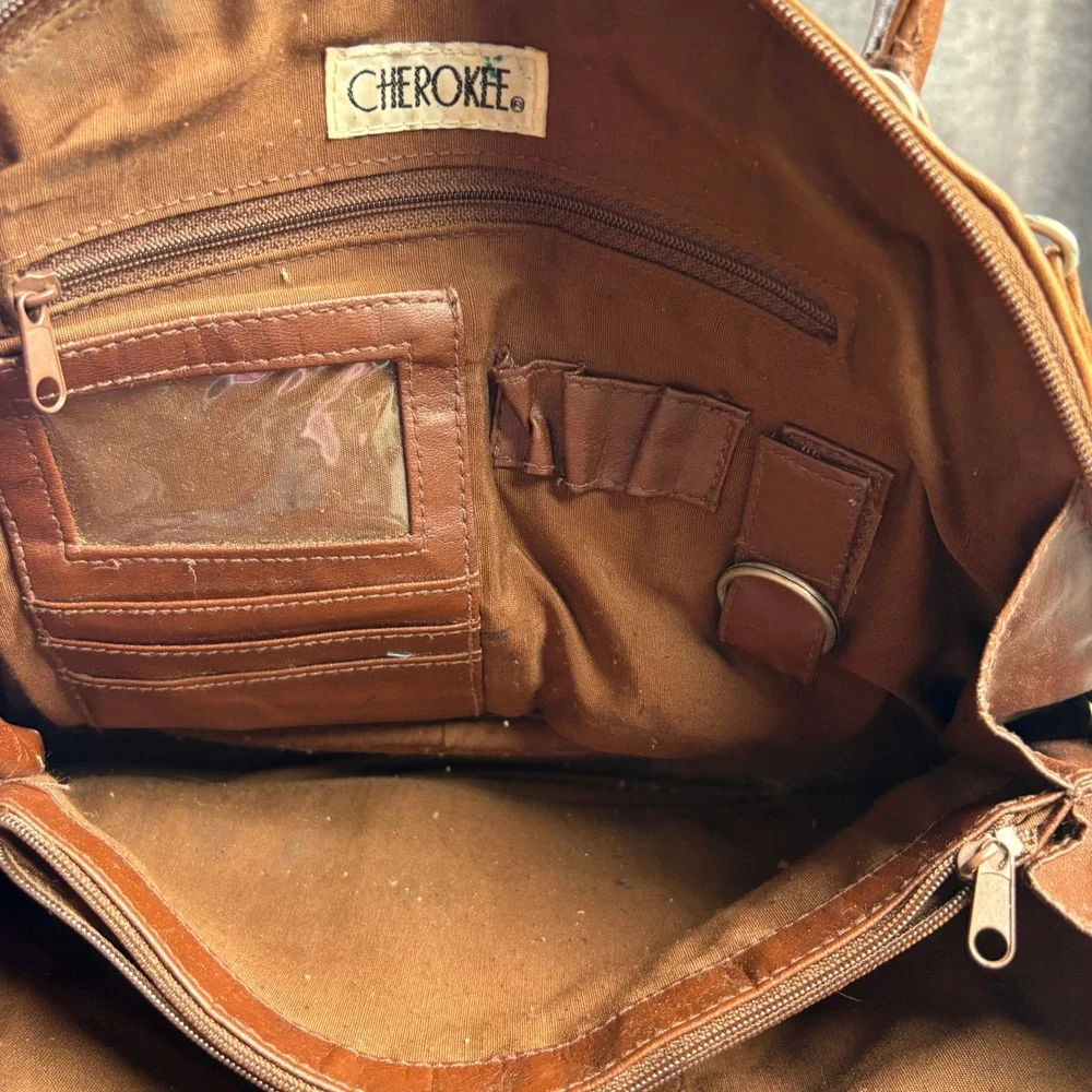 Cherokee Brown Faux Leather Dome Satchel Crossbody Bag with Double Zipper